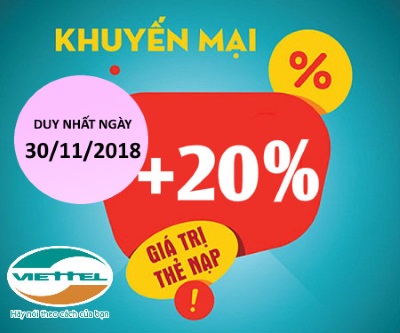 Viettel khuyến mãi 20% dành cho tất cả các thuê bao trả trước trong ngày 30/11