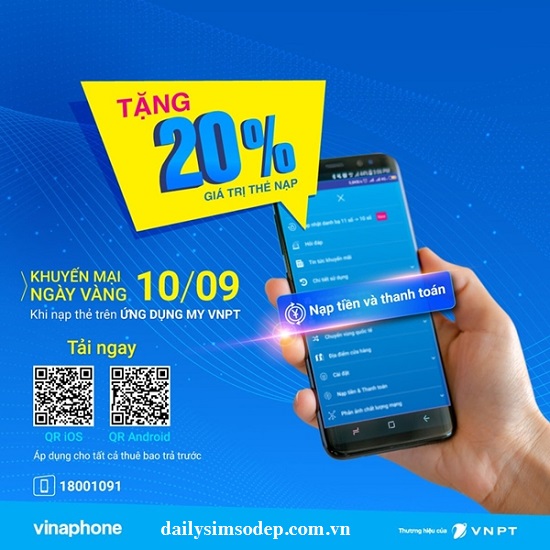 Vinaphone khuyến mãi 20% giá trị thẻ nạp qua MY VNPT ngày 10/9/2019