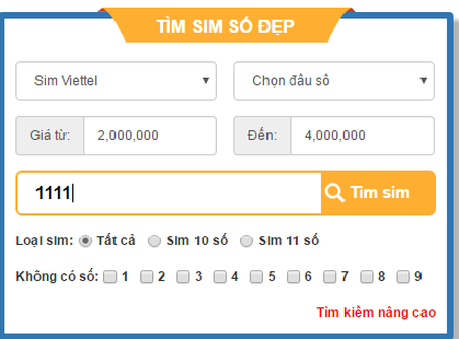 tìm sim tứ quý 1111 Viettel