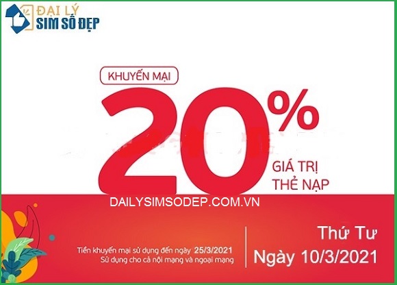 Khuyến mãi Viettel ngày 10/3/2021 ưu đãi ngày vàng toàn quốcViettel khuyến mãi ngày vàng 10/3/2021 ưu đãi 20% giá trị tiền nạp toàn quốc
